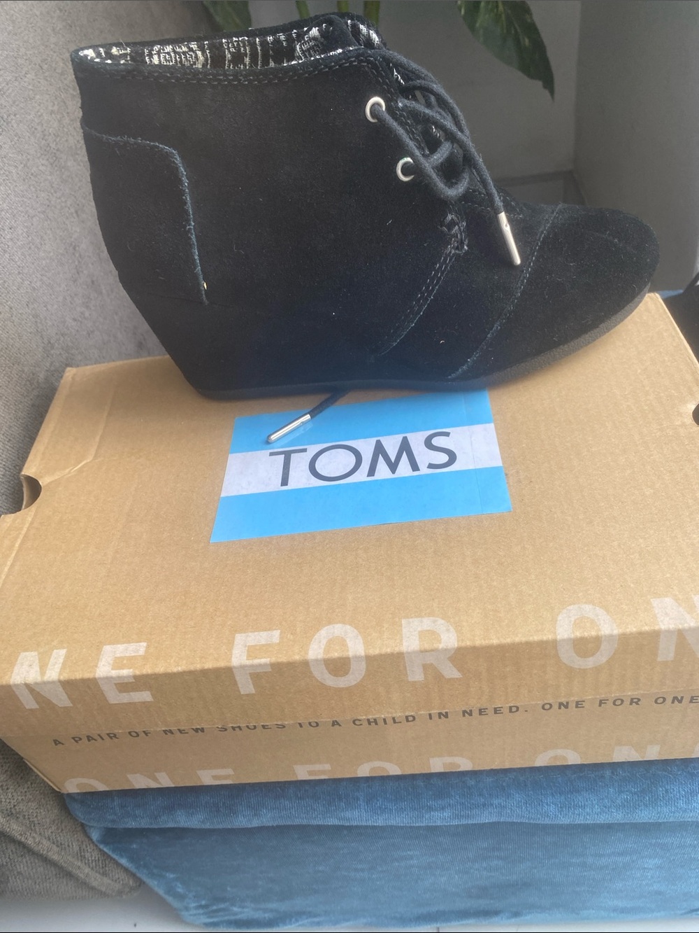TOMS Black Suede Lace-Up Wedge Ankle Booties